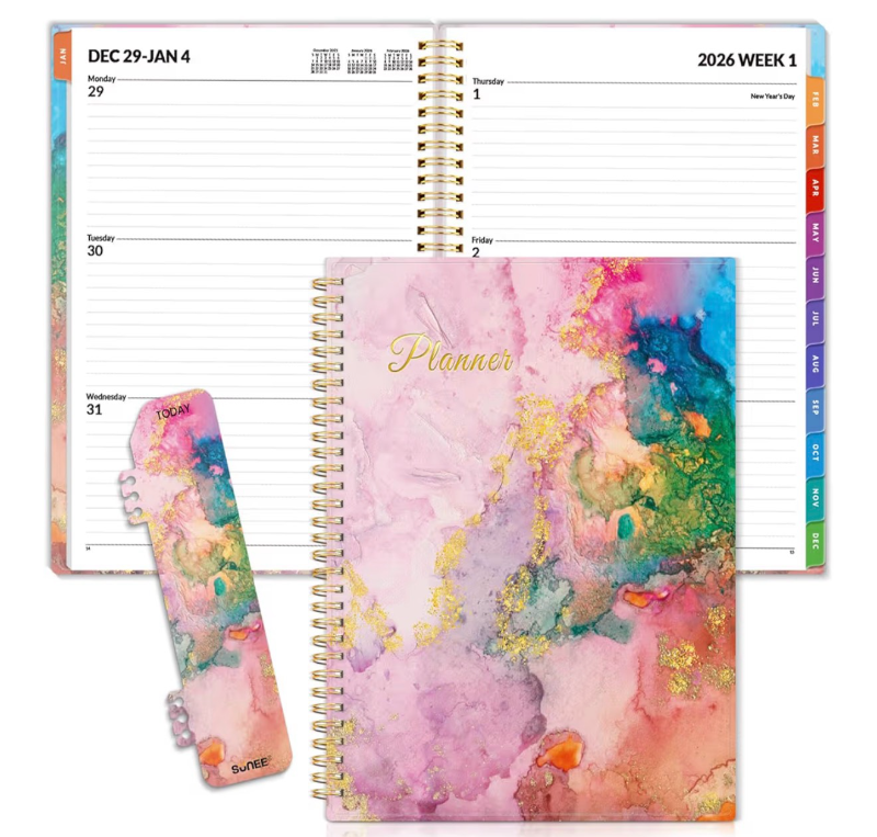 lot 2328 image: SUNEE 2026 Weekly and Monthly Planner - from January 2026 - December 2026, Daily Agenda Planner with Monthly Tab, Flexible Cover, Note Pages, Pockets, Bookmark, Spiral Binding, Pink Marble, 8.5x11