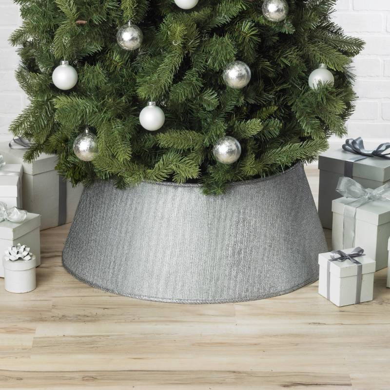lot 2376 image: New Traditions Christmas Tree Collar �� Silver Fabric with Ribbing �� 26 Diameter Fabric Stand Band for Artificial & Natural Trees �� Tree Skirt Alternative, Collapsible
