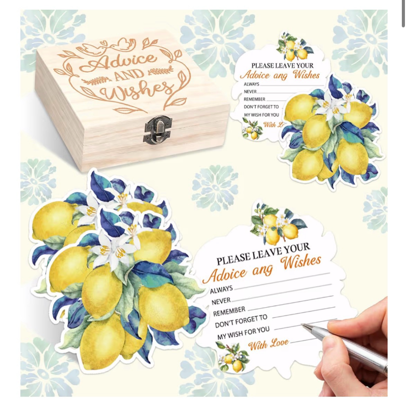 lot 2441 image: Wooden Collection Box Wedding Party Use,60 Pcs Lemon Bridal Shower Decorations with Wooden Keepsake Box, Advice and Wishes Cards Set, Lemon Themed Party Decorations for Wedding, Citrus Bridal Shower - Retail $0