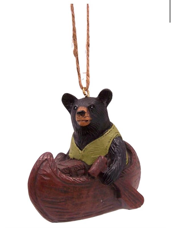 lot 2444 image: Woodland Black Bear in a Canoe Hanging Christmas Ornament, Black Bear Nature Activity Ornament, Unique Rustic Holiday Decor, 3 Inches Tall - Retail $0