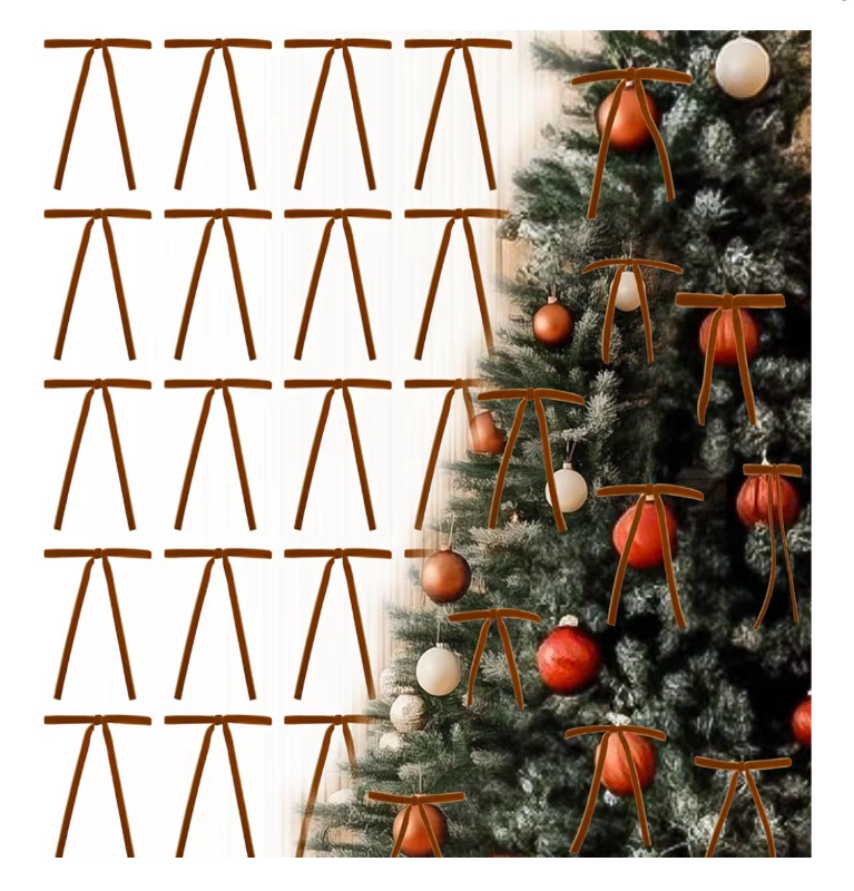 lot 2452 image: Velvet Bows Christmas Tree Velvet Ribbon Bows Xmas Ornaments 24 Pcs Khaki Velvet Christmas Bows Twist Tie Bow Christma Tree Garland Wreath Gift Wrapping Indoor Xmas Decor - Retail $0