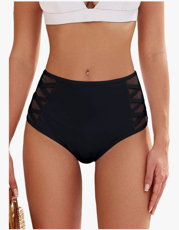 lot 2460 image: ZAFUL Women High Waist Bikini Bottom Side Mesh Spliced Tankini Swimsuit Swim Briefs Bathing Suit Bottom XL - Retail $0