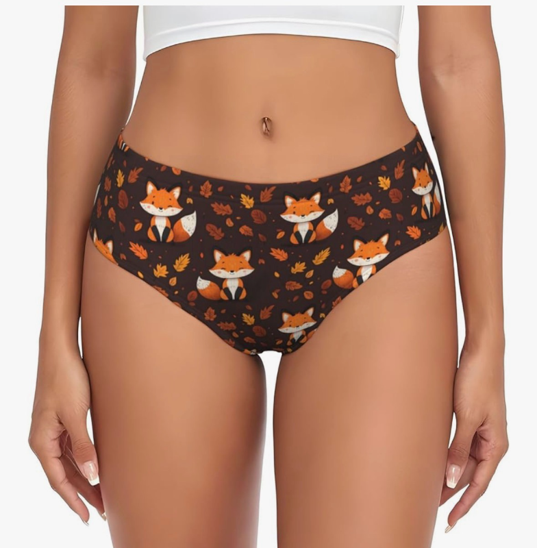 lot 2493 image: Cute Fox Fall Leaves Print Womens Underwear, Stretch Briefs Ladies Bikini Panties Seamless Underwear for Women (L) - Retail $0