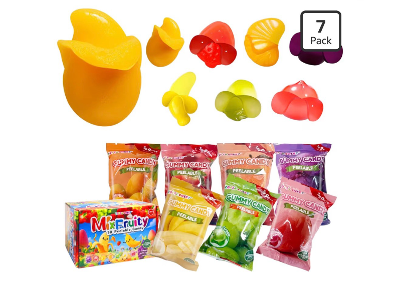 lot 2503 image: 7 Friuts in 7 Packs Assorted Gummy Candies Individually Wrapped, Peelable Fruit-Shaped Gummies Candy made with Real Fruit Juice (��30%), Chewy Peeling Candy Gummy Snacks Net 350g12.35oz - Retail $0