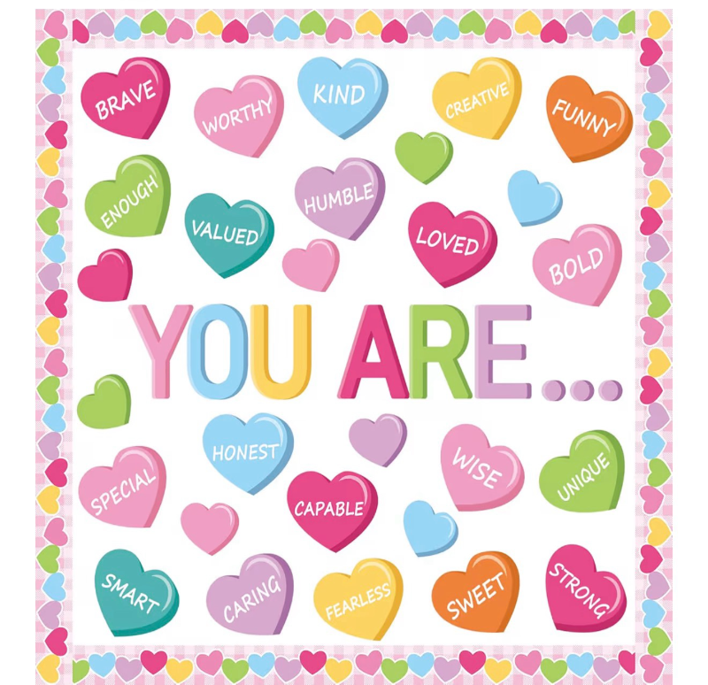 lot 2529 image: gisgfim Valentines Day Candy Heart Bulletin Board Decorations Valentines Day Conversation Heart Bulletin Board Sweet Heart Cutouts for Valentines Classroom School Wedding Anniversary Wall Party Decor - Retail $0