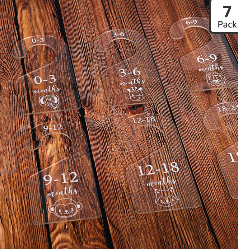 lot 2530 image: Whaline 7 Pcs Baby Closet Size Dividers Animal Clear Acrylic Hanger Clothes Organizers Newborn to 24 Month Thicken Infant Wardrobe Separators for Home Nursery Baby Clothes - Retail $0