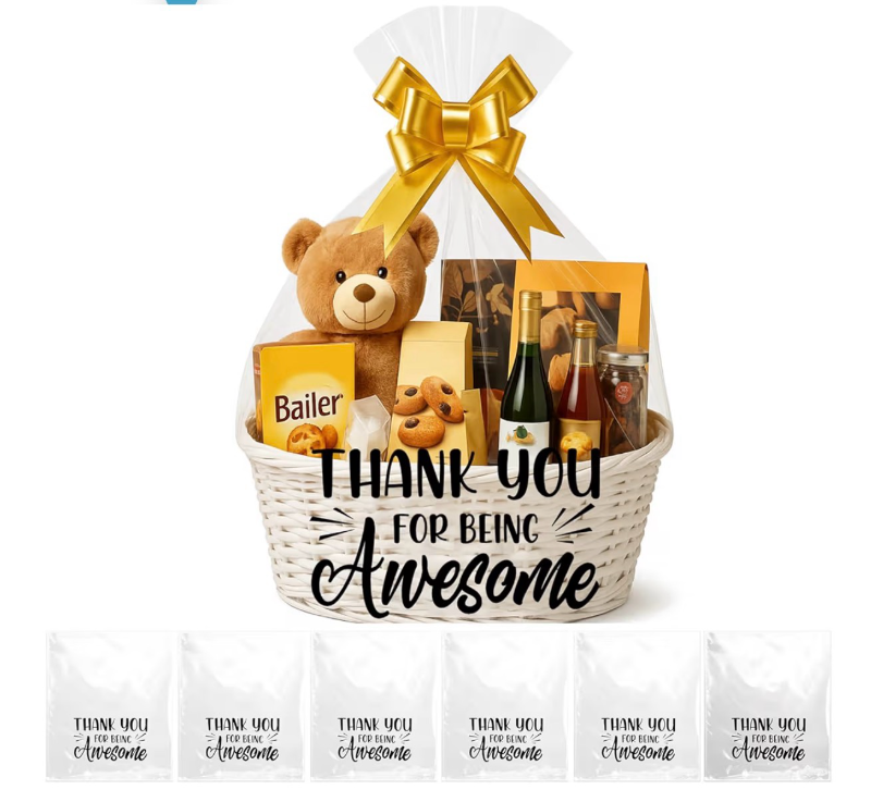 lot 2531 image: Colarr 6 Pcs Thank You Extra Large Cellophane Bags for Gift Baskets 43x51 Inch Thank You for Being Awesome Thick Sturdy Clear Cellophane Wrap for Employee Appreciation Coworker Staff Jumbo Huge - Retail $0
