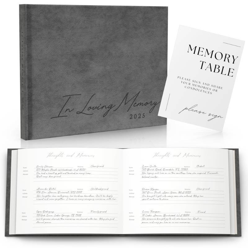 lot 2532 image: Funeral Guest Book for 2025 Celebration Of Life Memorial Service - Leather Memory Book for Funeral Guests to Sign In with Condolence Memory Table Sign & Back Pocket - Gray Guestbook - Retail $26