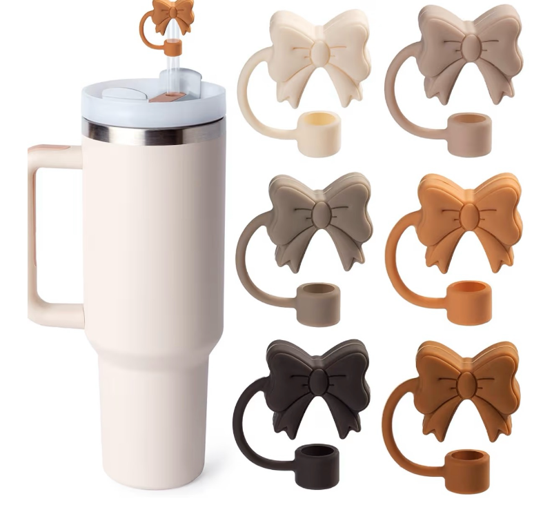 lot 2533 image: 6PCS Bow Straw Toppers, Cute Straws Covers for Stanley 30&40 Oz Tumbler with Handle, 10mm Dust-Proof Reusable Straw Toppers Accessories for Girls Kids (Black Brown Coffee) - Retail $0