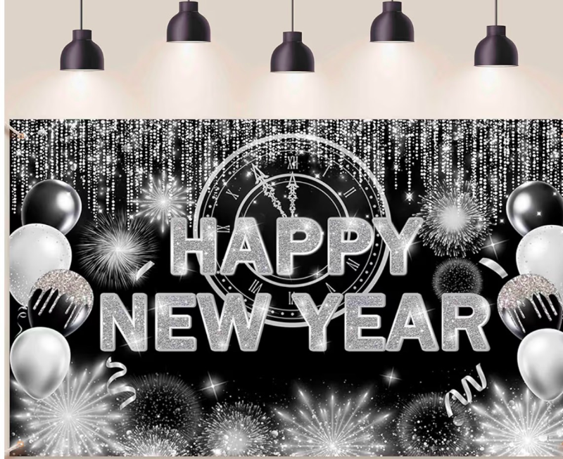 lot 2541 image: Black Silver Happy New Year Backdrop 2026 Kiss Me at Midnight Photography Background Cheers to The New Year Eve Hello 2026 Party Decorations Firework Banner Photo Props 7X5ft - Retail $0