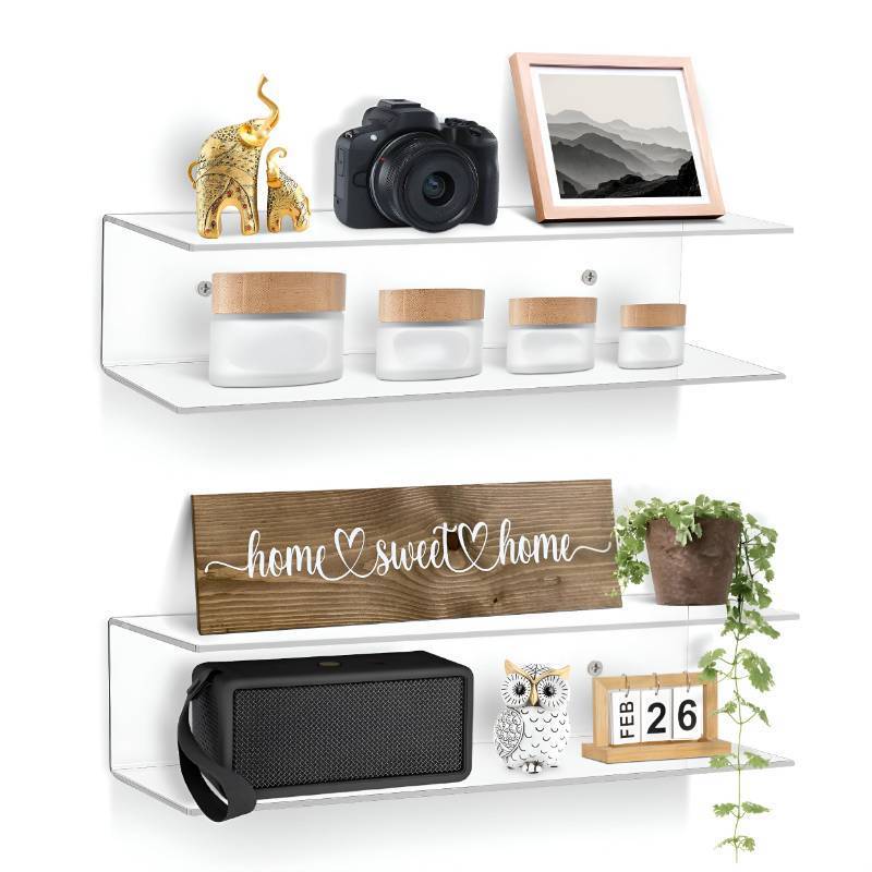 lot 2549 image: Clear Acrylic Floating Shelves - 2 Tier Wall Mounted Bathroom Organizer Set of 2 (15) - Space Saving Display Shelf for Makeup, Skincare, Kitchen Spices, & Home Decor - Retail $15