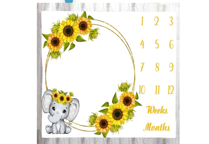 lot 2576 image: Sunflower Baby Age Blanket - Cartoon Elephant White Growth Chart Memory Blanket, 48x40 Inch Newborn Swaddling Monthly Milestone BTLSLY271 - Retail $0