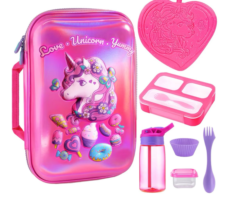 lot 2577 image: Kids Lunch Box Bag Set Girls Unicorn Lunch Bags Bento Boxes with 3-Compartment Included Ice Pack Water Bottle Insulated Lunchbag Reusable School Lunchbox Containers Kit for Toddler Daycare Childrens - Retail $0