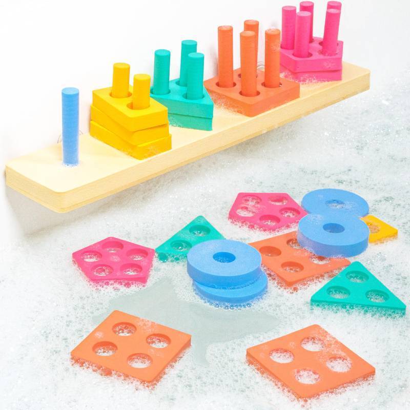 lot 2583 image: Tub Works� Splash, Stack & Sort�� Shape Sorter & Stacking Toddler Bath Toy  20 Foam Pieces  Color Sorting & Shape Stacking Kids Bath Toys  Floats & Sticks to Tub Walls  Early Learning Bathtub Toys - Retail $15