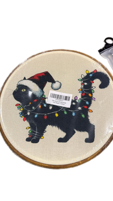 lot 2603 image: Christmas Cat Cross Stitch Embroidery Hoop Art - Retail $15