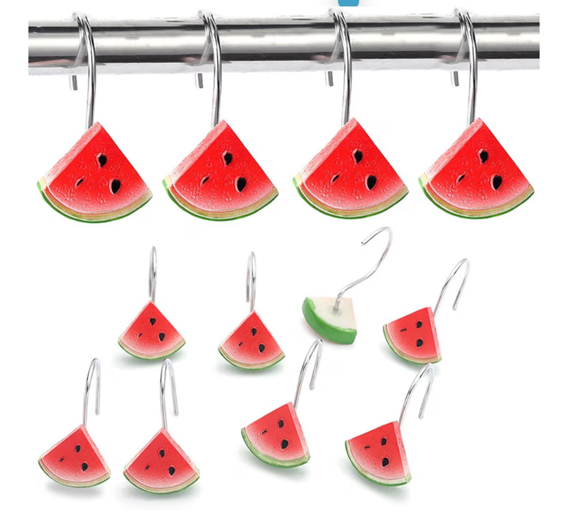 lot 2607 image: 12 PCS Fruit Shower Curtain Hooks Watermelon Shower Curtain Hook Cute Resin Curtain Hanger Hooks for Living Room Bedroom Bathroom Kids Room Fashion Home Decor - Retail $0
