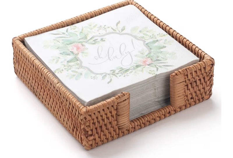 lot 2608 image: Rattan Napkin Holder Square, Wicker Napkin Basket for Kitchen, Flat Napkin Holders for Paper Napkins, Woven Luncheon Napkin Holder for Table (7.5 x 7.5 x 2.5 inch) - Retail $0