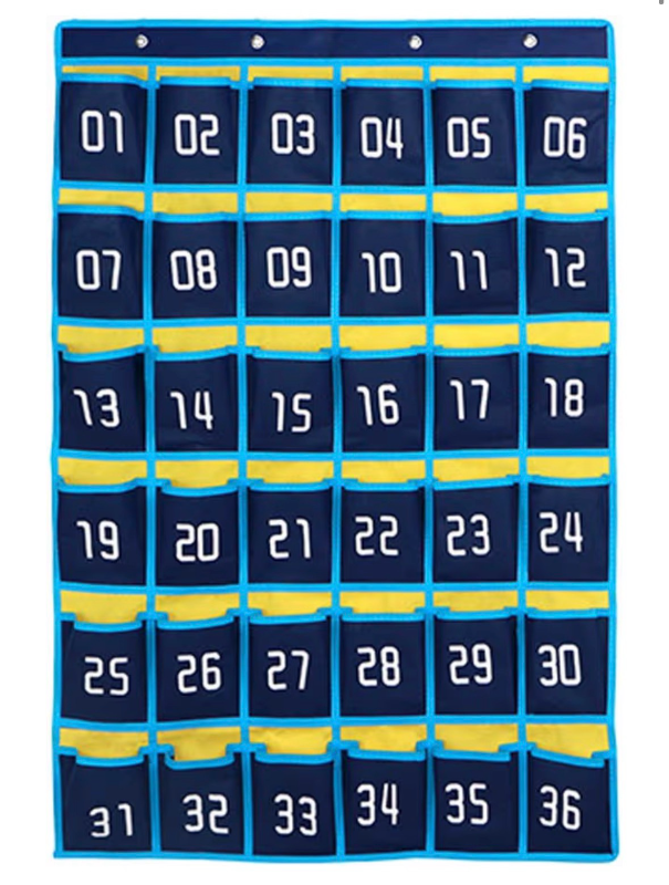 lot 2632 image: Loghot Classroom Accessories Closet Pocket Chart for Cell Phones Holder Wall Door Hanging Organizer (36 Pockets Blue) - Retail $0