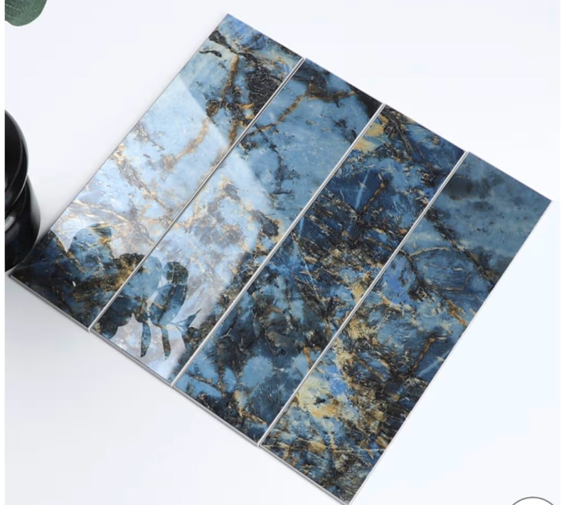 lot 2637 image: HOMEART 30pcs Peel and Stick Backsplash Tiles, 3x12 Self-Adhesive Stone Composite Glossy Faux Marble Subway Tile, Metro Stick on Wall Tiles for Kitchen, Bathroom, Fireplace (Blue Marble) - Retail $0