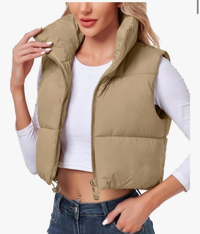 lot 2705 image: Polu Womens Cropped Puffer Vest Jacket Sleeveless Winter High Stand Collar Lightweight Vest for Women with Zip Gilet - Retail $0