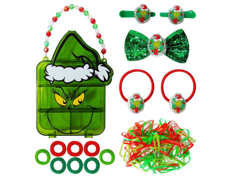lot 2709 image: LUV HER Licensed Hair Accessory Case - The Grinch Hair Accessories Gift Set for Girls - Hair Clips, Elastics, Bow, and Terries - Grinch Christmas Hair Accessory Set - Ages 3  - Retail $0