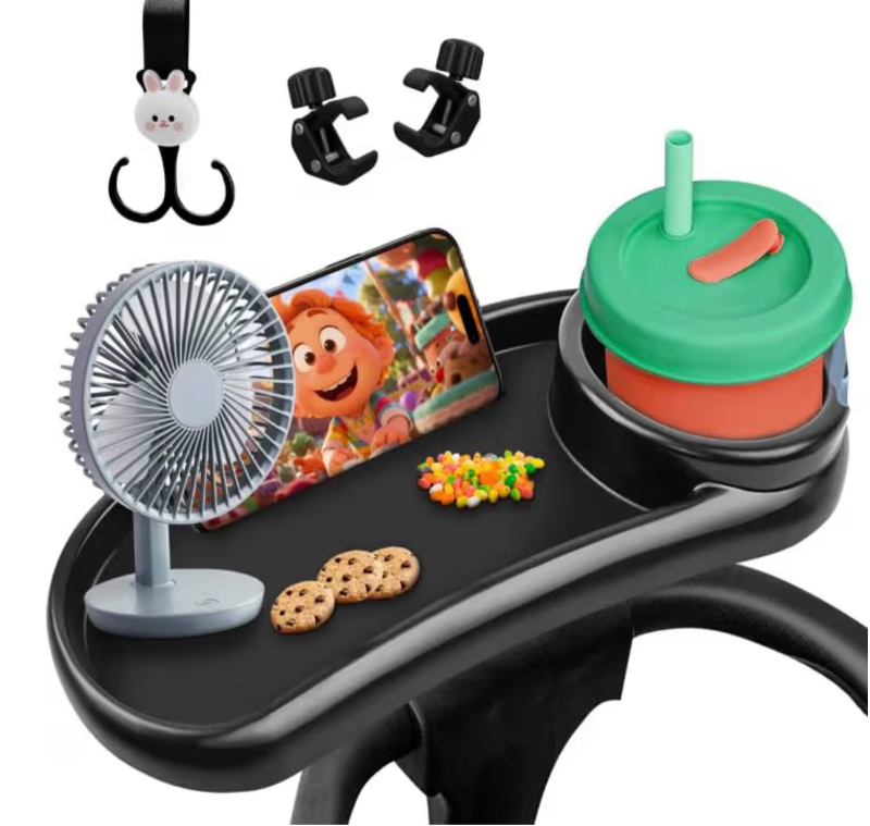 lot 2784 image: D-BABE Universal Snack Tray for Stroller BPA-Free Baby Cup Holder Food Tray - Stays in Place Stroller Caddy Attachment for Kids Girls & Boys - Toddler Travel Accessories Snacking On The Go - Retail $0