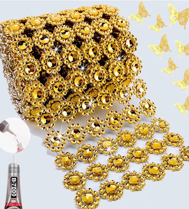 lot 2793 image: Gold Rhinestone Mesh Fabric, 4IN X 3Yards 6Rows, Bling Ribbon Roll for Crafts, Mum Ribbon Wrap Trim with 3D Buttflies 12PCS - Retail $0