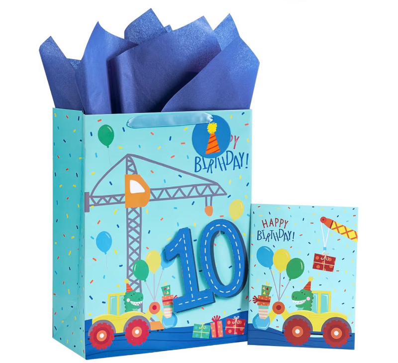 lot 2796 image: Loveinside Construction Truck Birthday Gift Bag for Boys, Blue Dinosaur, Number 10 and Happy Birthday Design with Tissue Paper, Tag, Greeting Card for 10th Party, 10 x 5 x 13, 1 Pcs - Retail $0
