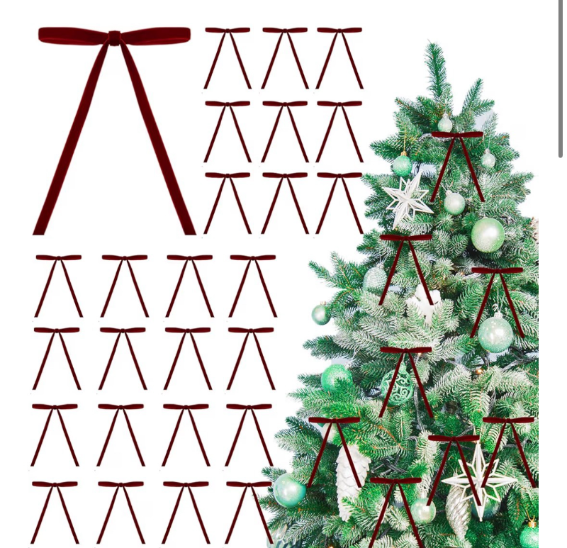lot 2819 image: 26 Pcs Velvet Christmas Tree Bows Ornaments, 5x7 Inch, 38 Wide, Craft Ribbon Bows for Garland Wreath Indoor Outdoor Xmas Decorations, Burgundy - Retail $0