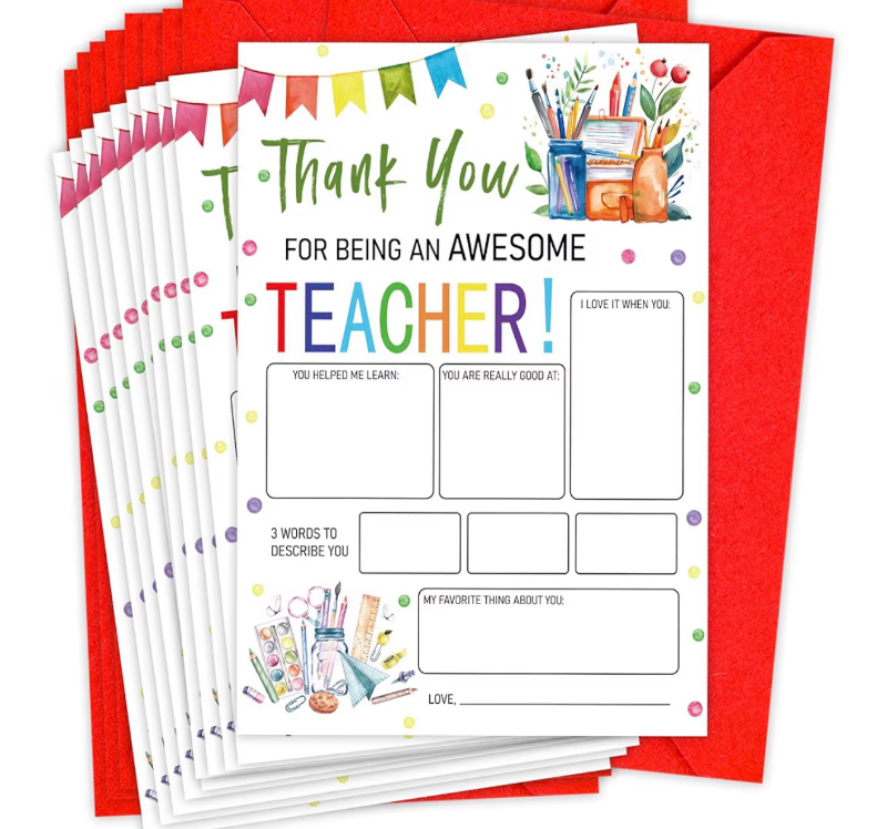 lot 2855 image: Pack of 10 Thank You Cards for Teachers, Appreciation Fill in the Blank Card with Envelope, Teacher Appreciation Week Gift, Educator Appreciation Coloring Cards, All About My Teacher - - Retail $0