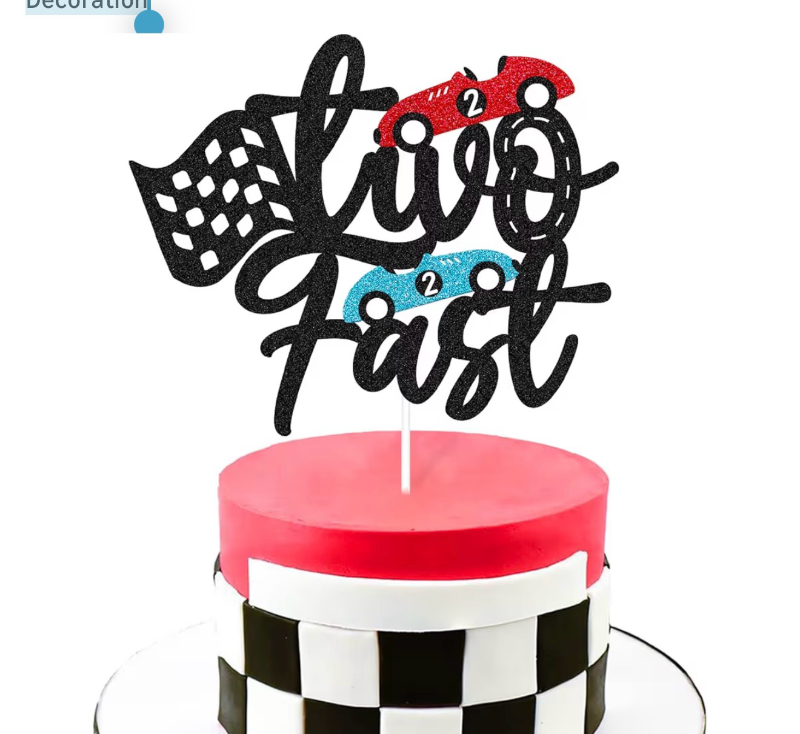 lot 2875 image: Two Fast Cake Topper Racing Car Chequered Flag Themed Happy Birthday Party Supply for Boys Girls Kids 2nd Second Two Bday Cake Decoration - Retail $0