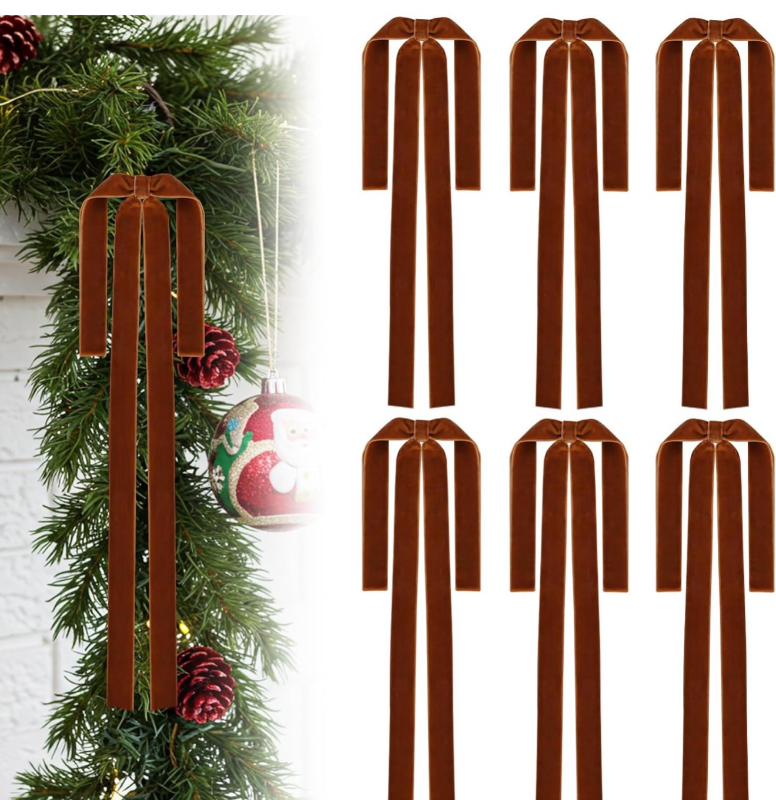 lot 2884 image: TONIFUL Brown Velvet Bows 16x24 Inch - 6 Pack Christmas Bows for Tree, Wreath, Gift Wrapping, Floral Bouquet, Staircase, Fireplace, Table Decor, Front Door, Wedding, Chirstmas, Home&Party Decor - Retail $0