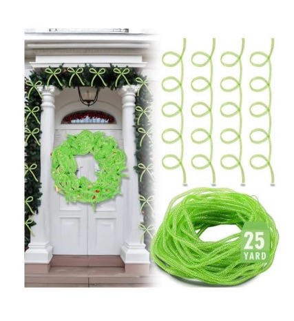 lot 2919 image: Arrowbash 25 Yards Christmas Mesh Tubing for Crafts Lime Green Deco Mesh Tubing for Wreath 8 mm Metallic Foil Poly Tube Flexible Metallic Foil Ribbons for DIY, Gift Wraps, Christmas Tree Decor - Retail $0