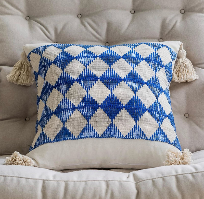 lot 2958 image: vctops Buffalo Plaid Check Cotton Linen Decorative Throw Pillow Covers with Tassels 24x24 Inch Farmhouse Pillow Covers Macrame Woven Blue and White Cushion Case for Couch Sofa (Blue Plaid,24x24) - Retail $0