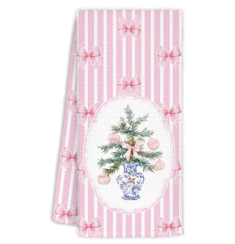 lot 2990 image: Chinoiserie Christmas Kitchen Towels,Pink Stripes Bow Coquette Christmas Tree Dish Towels,Blue Christmas Hand Towels for Bathroom Kitchen,Grandmillennial Decor,16x24 Inches - Retail $0