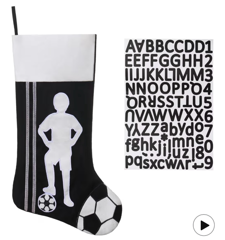 lot 3039 image: 20 Inch Soccer Christmas Stocking-Sports Theme Fireplace Decor with Player Silhouette, Family Holiday Party Supplies, Gift for Soccer Fans - Retail $0