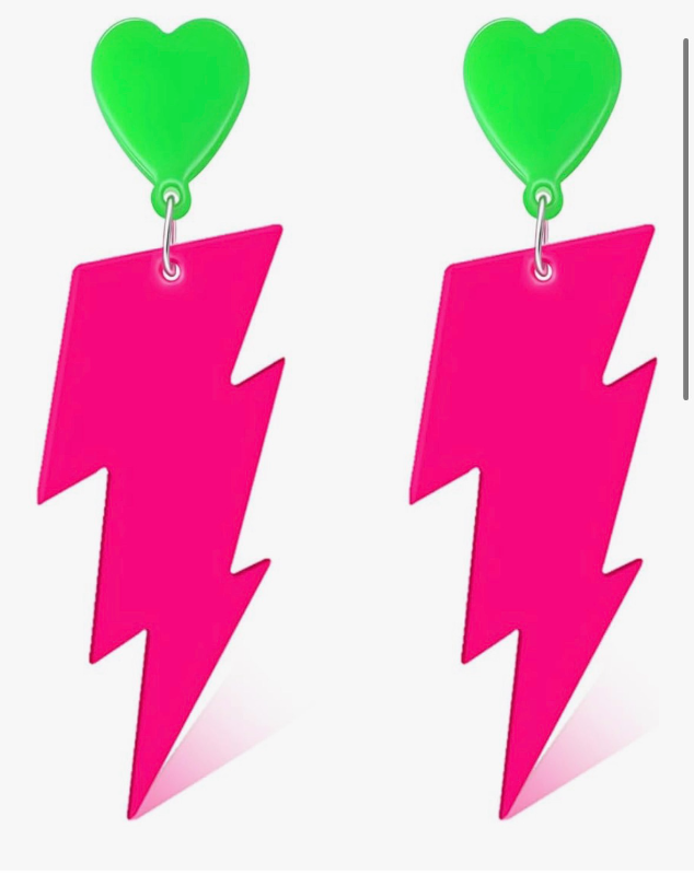 lot 3050 image: 2 Pair 80s 90s Acrylic Earrings, Neon Pink Green Heart & Light Bolt Earring Retro Jewelry for Women 80s 90s Costume Outfit Glow Party Decorations Halloween Accessories Scene Supplies Gift - Retail $0