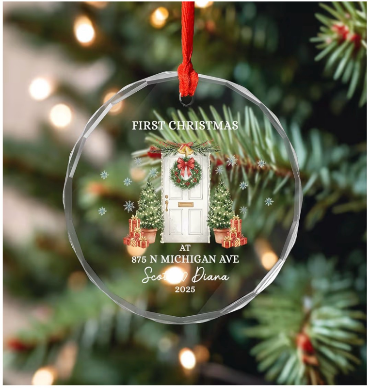 lot 3120 image: First Christmas in New Home Ornament, Personalized New House Glass Ornament, Couple New Home Keepsake, House Warming Gifts (see pic of exact phrasing) - Retail $0