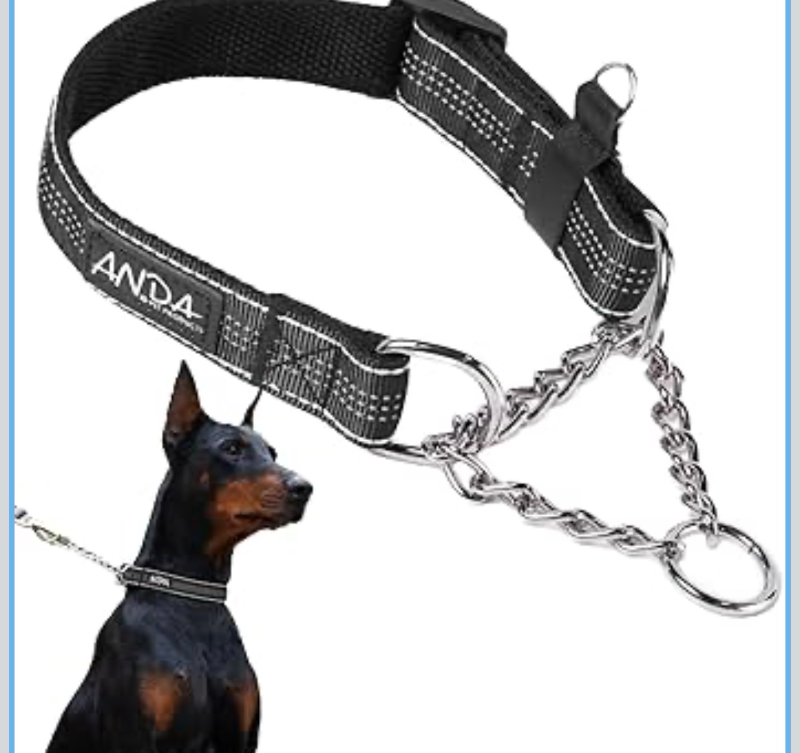 lot 3154 image: ANDA Martingale Collar for Dogs, Adjustable with Reflective Stainless Steel Chain, No-Pull Escape-Proof Training Collar for Medium and Large Breeds (Black, Medium) - Retail $0