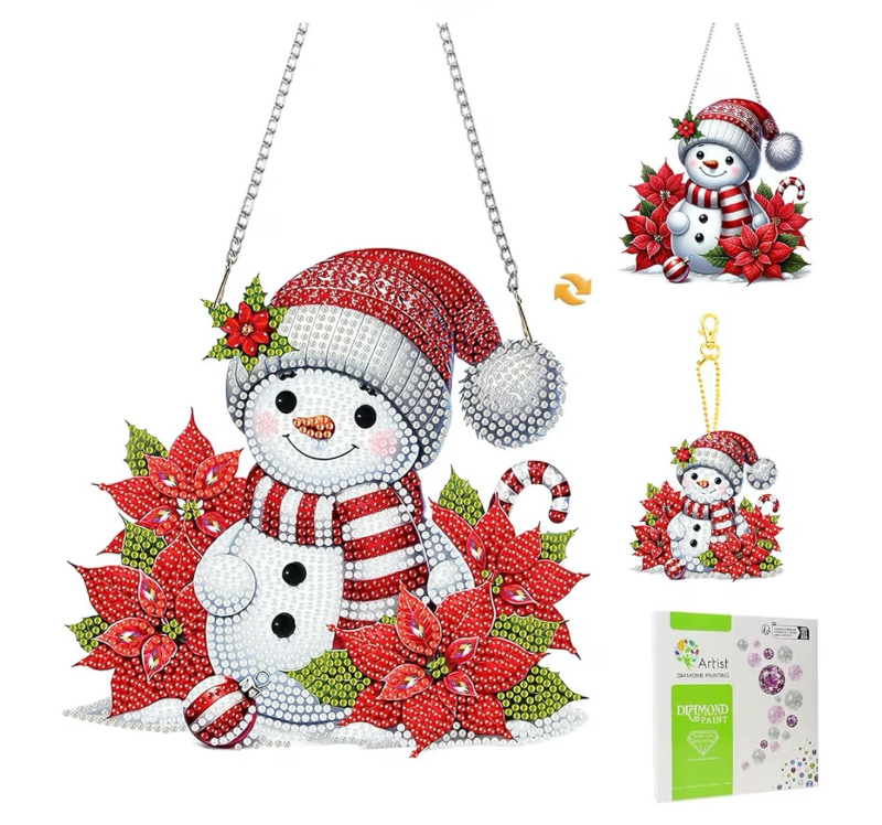 lot 3179 image: Masendp Diamond Art Hanging Kit Keychain, Special Shape Rhinestones, DIY Acrylic Double Sided 5D Diamond Art Painting Window Pendant Home Garden Wall Mounting Kit Hanging Ornament. (Christmas Snowman) - Retail $0