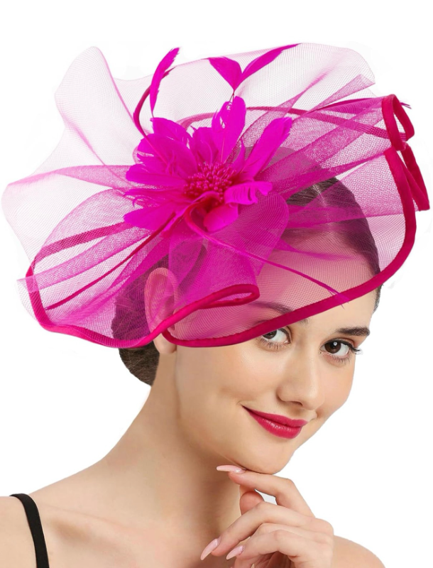 lot 3183 image: Tea Party Fascinator Hats for Womens 50s Floral Feather Headwear Derby Hats for Wedding Cocktail Party Hat - Retail $0