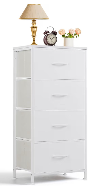 lot 1916 image: Nightstand, 4 Drawer Dresser End Table Bedside Furniture with Wooden Top Steel Frame Fabric Bins for Bedroom, Closet, Entryway, Dorm, Living Room, White (unknown hardware) - Retail $0