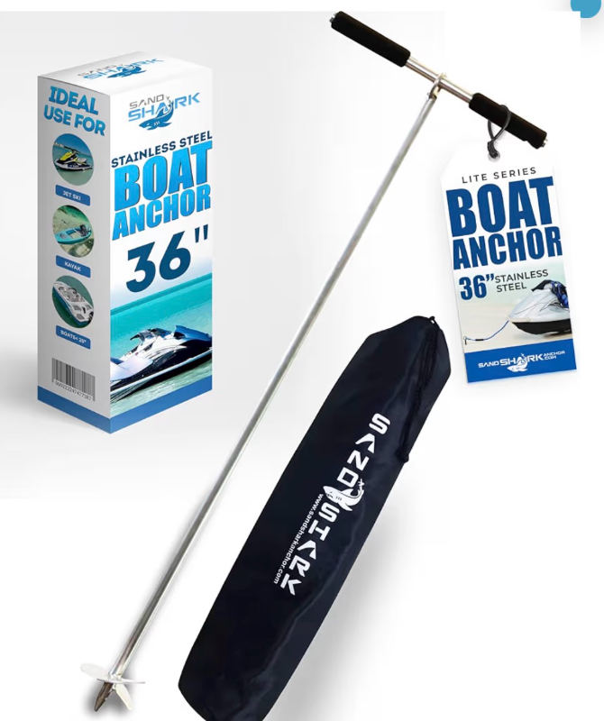 lot 8461 image: SandShark Lite Series Boat Anchor - Shallow Water Anchor Pole - Jet Ski Anchor, Kayak Anchor, Pontoon Boat Accessories for Beach and Sandbar - 316 Stainless Steel wHandle and Padded Case - Retail $0