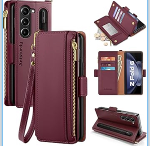 lot 3207 image: Antsturdy Compatible with Samsung Galaxy Z Fold 6 Case Wallet Women with��S Pen Holder�� Phone Case with Card Holder Strap PU Leather RFID Blocking Flip Protective Cover Credit Slots Men,Wine Red - Retail $0