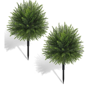 lot 3216 image: Der Rose 23 Artificial Cedar Topiary Ball Trees with Ground Spike Set of 2 Outdoor Artificial Plants UV Resistant Artificial Shrubs Fake Bushes for Front Porch Garden Decor - Retail $0