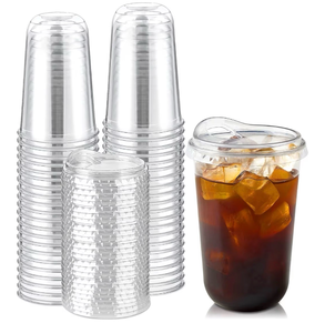 lot 3222 image: Round Bottom Clear Plastic Cups with Sip Lids, 50 Sets, 16 Oz Disposable Iced Coffee Cups with Strawless Lids To Go Cold Drink Cups for Smoothies, Juices, Party Catering - Retail $0