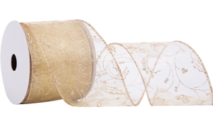 lot 3223 image: QIANF Champagne Organza Sheer Wired Ribbon with Glitter Swirl Pattern and Metallic Edge, 2.5 Inch x 10 Yards Organza Wire Edge Christmas Ribbon for Tree Decoration Gift Wrapping Wreaths Bows Making - Retail $0