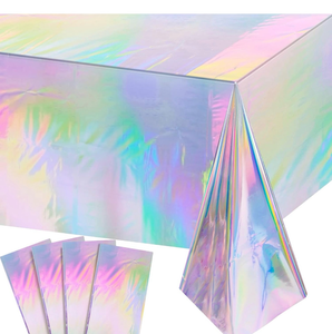 lot 3227 image: 3 Pack Iridescent Plastic Tablecloths, Shiny Disposable Laser Rectangle Table Covers, Holographic Foil Tablecloth Iridescent Birthday Party Supplies Decorations - Retail $0