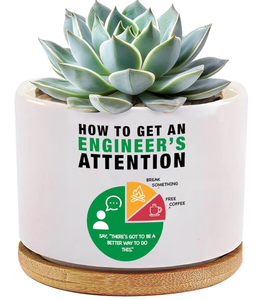 lot 3239 image: How to Get an Engineers Attention Ceramic Succulent Plant Pot with Bamboo Tray Round Engineering Gifts for Boyfriend Husband Dad 3.5 Inch White (No Plants) - Retail $0