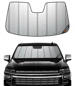 lot 3240 image: Pigenius Windshield Sunshade for CadillacChevyGMC Escalade Suburban Tahoe Yukon 2021-2025, Metallic Silver Finish - Retail $0